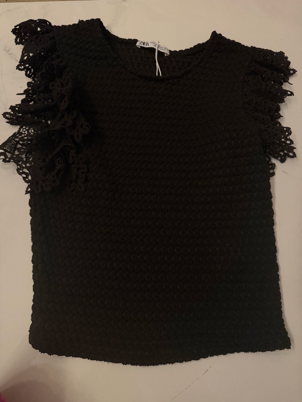 Zara Black Textured Tube Top with Lace Edge